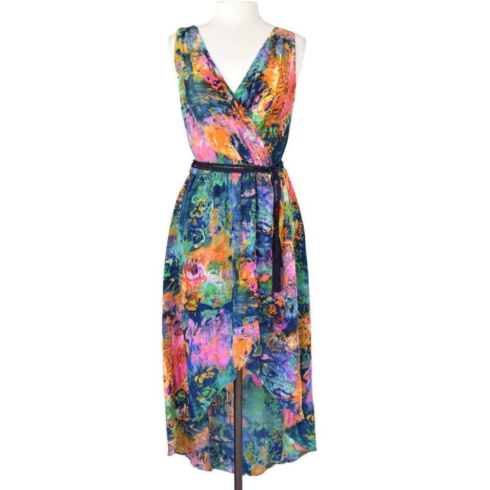 Suzi Chin Maggie Boutique Silk Watercolor Sleeveless High Low Faux Wrap … - Picture 3 of 12